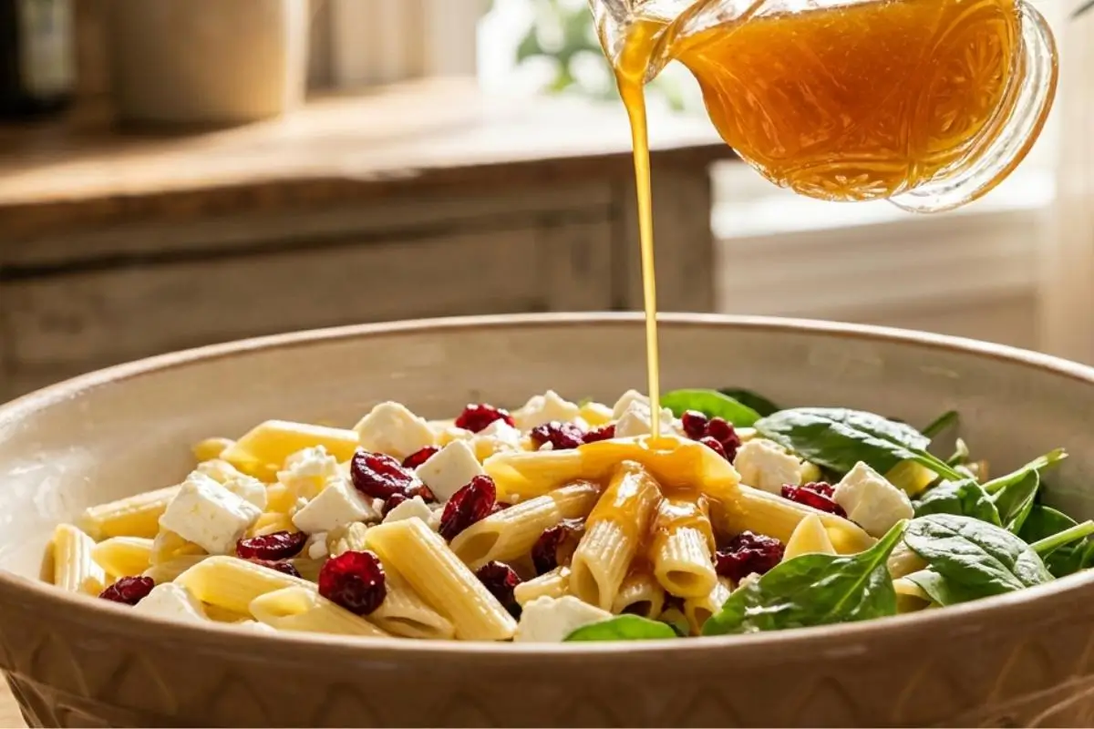How to Make Cranberry Feta Pasta Salad Step-by-Step A warm, sunlit kitchen scene showing how to make cranberry feta pasta salad, capturing the moment a golden vinaigrette dressing is poured from a vintage glass pitcher over a rustic bowl filled with penne pasta, fresh spinach, tart cranberries, and crumbled feta cheese.