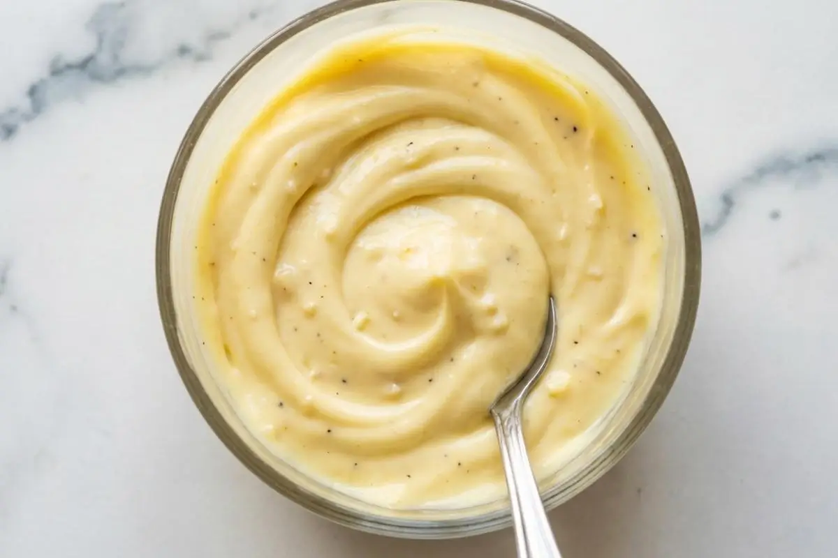 How to Make Golden Italian Custard Bomboloni Step-by-Step A top-down view of a glass bowl filled with rich, velvety Italian custard for bomboloni, beautifully speckled with real vanilla bean, with a silver spoon resting gently in the thick swirls.