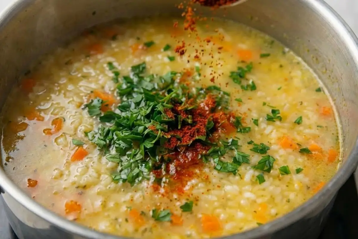 How to Make Healing Pastina Soup A close-up view of a stainless steel pot showing how to make healing pastina soup, featuring a rich, simmering broth with star pasta, diced carrots, and a vibrant sprinkle of red spice falling over freshly chopped parsley.