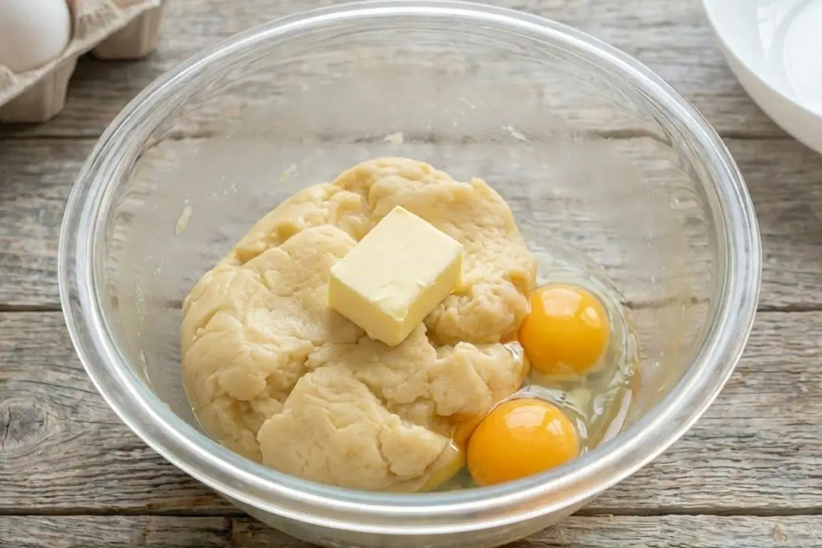 How to Make Italian Cream Bombs Step-by-Step A clear glass mixing bowl sitting on a rustic wooden table, showing the early steps of how to make Italian cream bombs with a thick, golden dough topped with a pat of butter and two fresh cracked eggs.