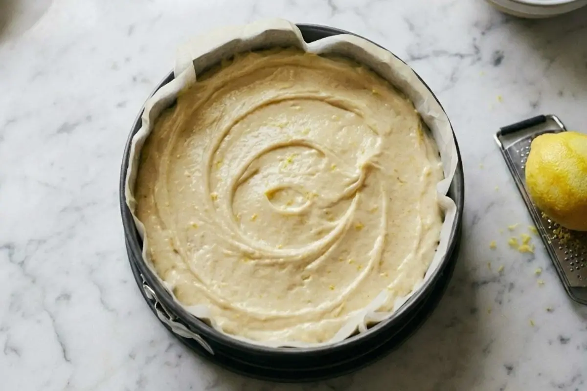 How to Make Italian Lemon Ricotta Cake Step-by-Step An overhead step-by-step look at how to make Italian lemon ricotta cake, showing the thick, beautifully swirled batter flecked with fresh zest in a parchment-lined pan next to a whole lemon.