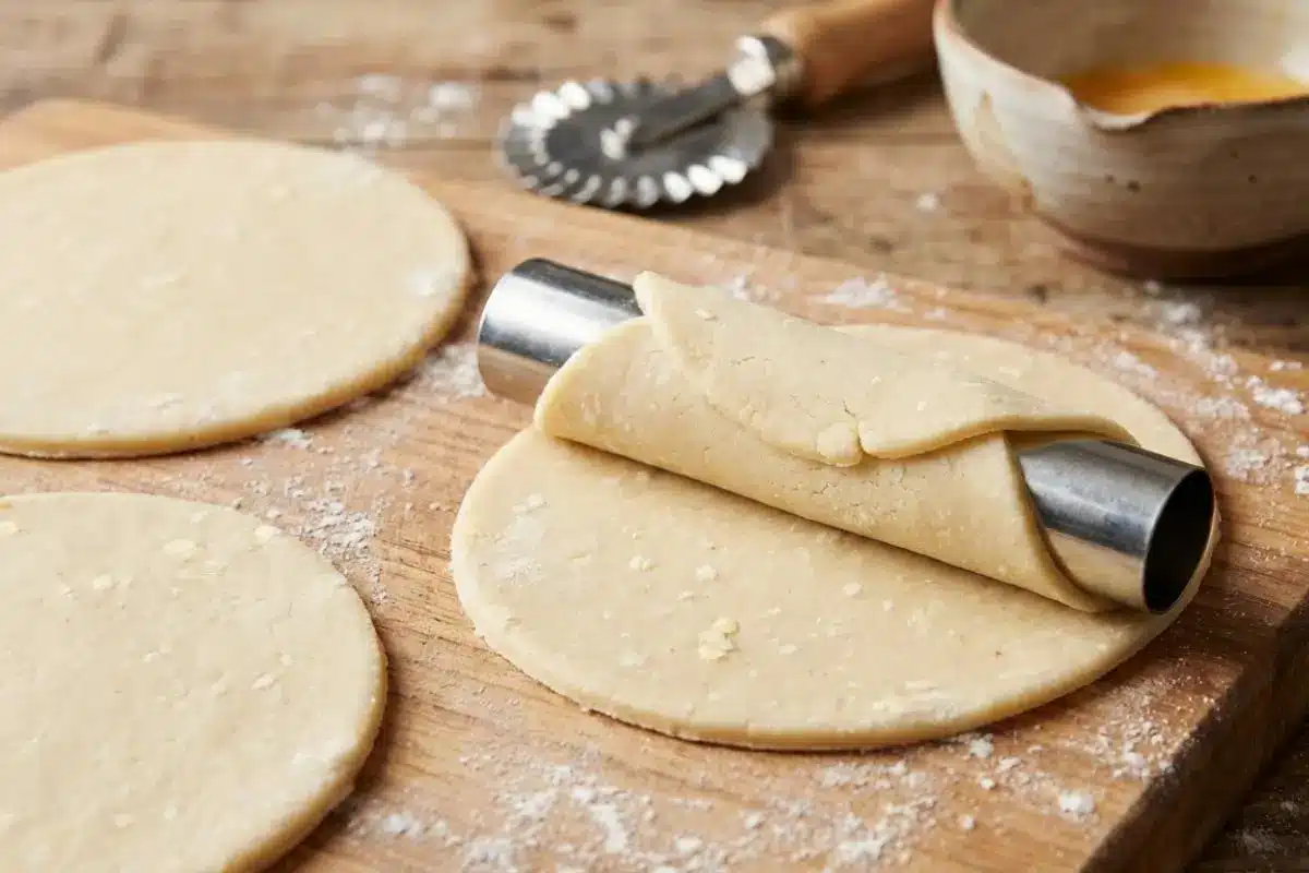 How to Make Lemon Meringue Pie Cannoli A close-up view showing how to make lemon meringue pie cannoli, featuring a circle of sweet dough being gently wrapped around a metal cannoli tube on a flour-dusted wooden board, next to a fluted pastry cutter and a small ceramic bowl.
