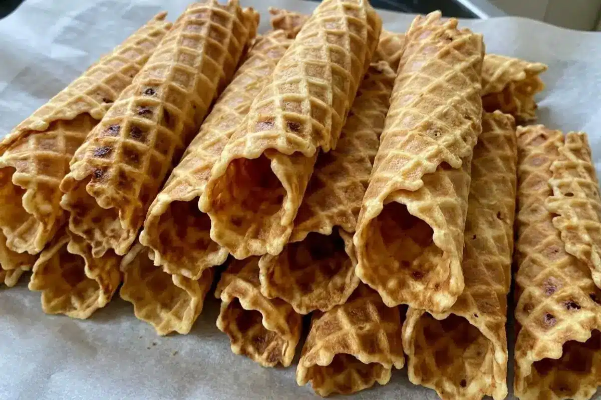 How to Make Pizzelle Cannoli with Ricotta Filling Step-by-Step A rustic pile of freshly baked, golden-brown waffle shells rolled into tubes, resting on parchment paper before being stuffed to make a batch of pizzelle cannoli with ricotta filling.