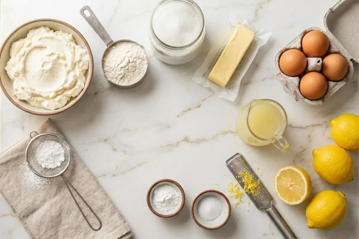 _Ingredients List For Limoncello Ricotta Cake An overhead view of the simple limoncello ricotta cake ingredients, including a bowl of fresh ricotta, bright whole lemons, brown eggs, butter, flour, and sugar, beautifully arranged on a warm marble countertop.