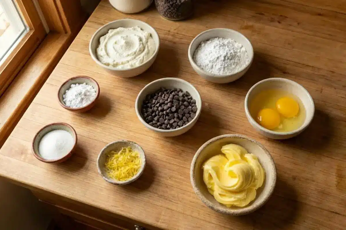 Ingredients for No-Bake Chocolate Chip Cannoli Pie Foolproof List An overhead view of no-bake chocolate chip cannoli pie ingredients, featuring rustic ceramic bowls filled with creamy ricotta, powdered sugar, mini chocolate chips, fresh eggs, bright lemon zest, and butter on a sunlit wooden table.