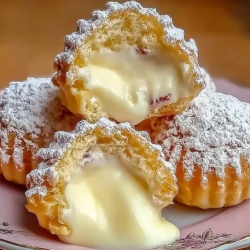 Italian Cream Bombs (Bomboloni): Nonna’s "Liquid Gold" Pastry Made Foolproof Italian Cream Bombs A close-up of freshly baked Italian cream bombs cut open to reveal a rich, velvety custard filling, generously dusted with powdered sugar and served on a warm, vintage pink floral plate.
