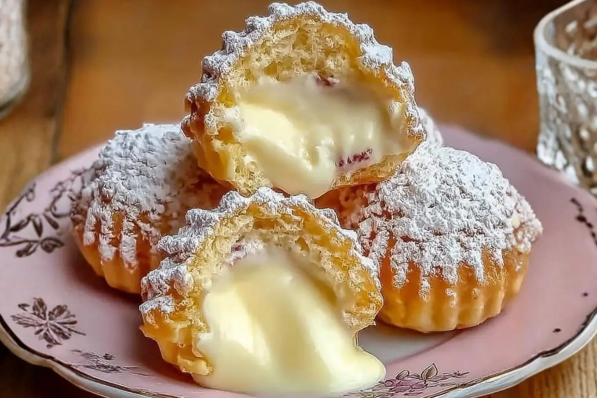 Italian Cream Bombs (Bomboloni): Nonna’s "Liquid Gold" Pastry Made Foolproof Italian Cream Bombs A close-up of freshly baked Italian cream bombs cut open to reveal a rich, velvety custard filling, generously dusted with powdered sugar and served on a warm, vintage pink floral plate.