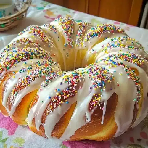 Authentic Italian Easter Bread (Fail-Proof Pane di Pasqua) Italian Easter Bread A freshly baked Italian Easter Bread ring, generously topped with a sweet white glaze and colorful sprinkles, resting on a vintage floral tablecloth.