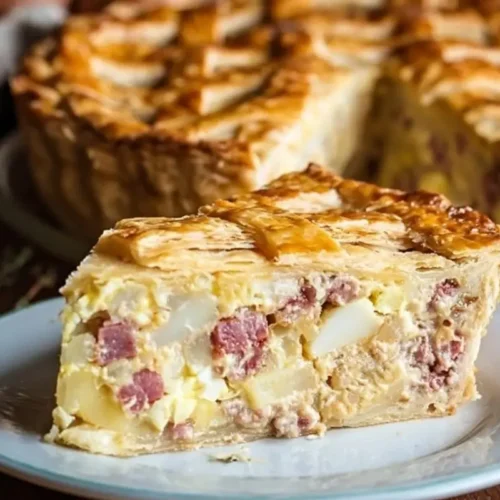The Coziest Italian Easter Pie: A Slice of Family Heritage (Without the Pastry Stress) Italian Easter Pie A thick, savory slice of traditional Italian Easter Pie filled with diced cured meats, cheeses, and hard-boiled eggs, resting on a plate with the beautiful lattice-crusted whole pie in the warmly lit background.
