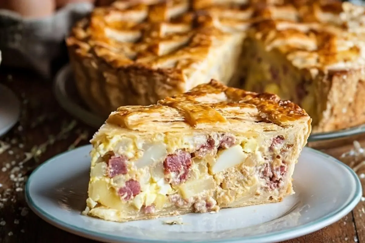 The Coziest Italian Easter Pie: A Slice of Family Heritage (Without the Pastry Stress) Italian Easter Pie A thick, savory slice of traditional Italian Easter Pie filled with diced cured meats, cheeses, and hard-boiled eggs, resting on a plate with the beautiful lattice-crusted whole pie in the warmly lit background.