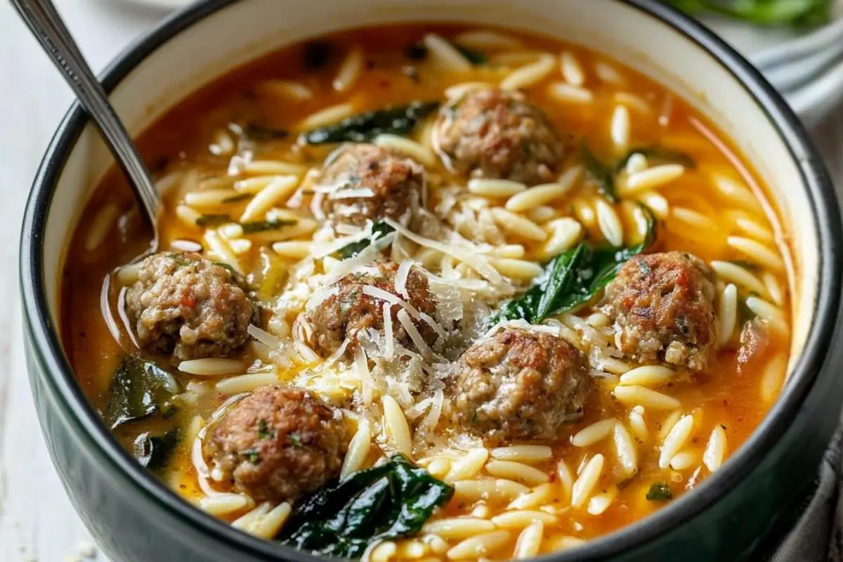 One-Pot Italian Meatball and Orzo Soup: A 30-Minute "Warm Hug" for Busy Weeknights Italian Meatball and Orzo Soup A comforting, rustic bowl of Italian meatball and orzo soup filled with tender mini meatballs, fresh spinach, and orzo pasta in a rich tomato broth, generously topped with freshly grated parmesan cheese.