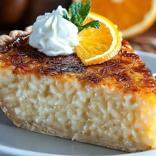 Rena’s Traditional Italian Rice Pie: The Make-Ahead Secret to a Stress-Free Easter Italian Rice Pie A beautiful slice of traditional Italian rice pie with a deeply golden crust on a rustic plate, topped with whipped cream and a fresh orange slice.