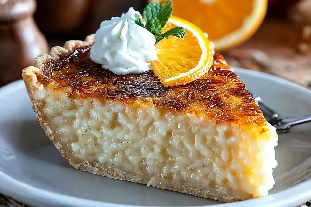 Rena’s Traditional Italian Rice Pie: The Make-Ahead Secret to a Stress-Free Easter Italian Rice Pie A beautiful slice of traditional Italian rice pie with a deeply golden crust on a rustic plate, topped with whipped cream and a fresh orange slice.