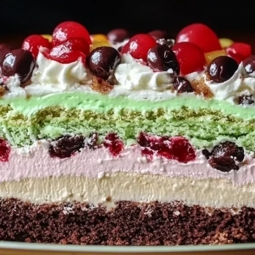 The Joyful Italian Spumoni Cake: A Nostalgic "Showstopper" (Without the Stress! Italian Spumoni Cake A beautiful slice of layered Italian Spumoni Cake on a soft green plate, featuring distinct tiers of rich chocolate, sweet cherry with fruit pieces, and creamy pistachio, beautifully topped with whipped cream and candied cherries.