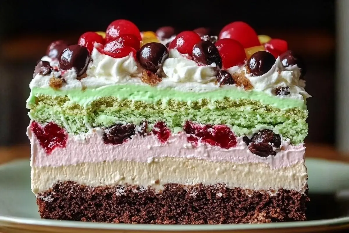 The Joyful Italian Spumoni Cake: A Nostalgic "Showstopper" (Without the Stress! Italian Spumoni Cake A beautiful slice of layered Italian Spumoni Cake on a soft green plate, featuring distinct tiers of rich chocolate, sweet cherry with fruit pieces, and creamy pistachio, beautifully topped with whipped cream and candied cherries.