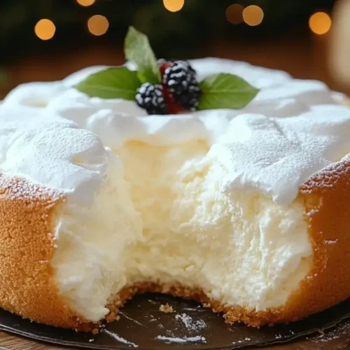 Light & Fluffy Yogurt Cloud Cake: A Show-Stopping "Hug-in-a-Cake" Light & Fluffy Yogurt Cloud Cake A freshly baked light and fluffy yogurt cloud cake with a piece missing to reveal its soft, airy texture, beautifully topped with powdered sugar, fresh blackberries, and mint on a rustic wooden board.