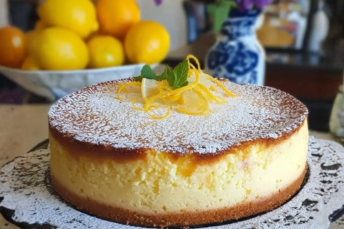 Bright & Buttery Limoncello Ricotta Cake (Foolproof & No-Sink!) Limoncello Ricotta Cake A freshly baked limoncello ricotta cake heavily dusted with powdered sugar and beautifully garnished with fresh lemon curls, slices, and a sprig of mint.