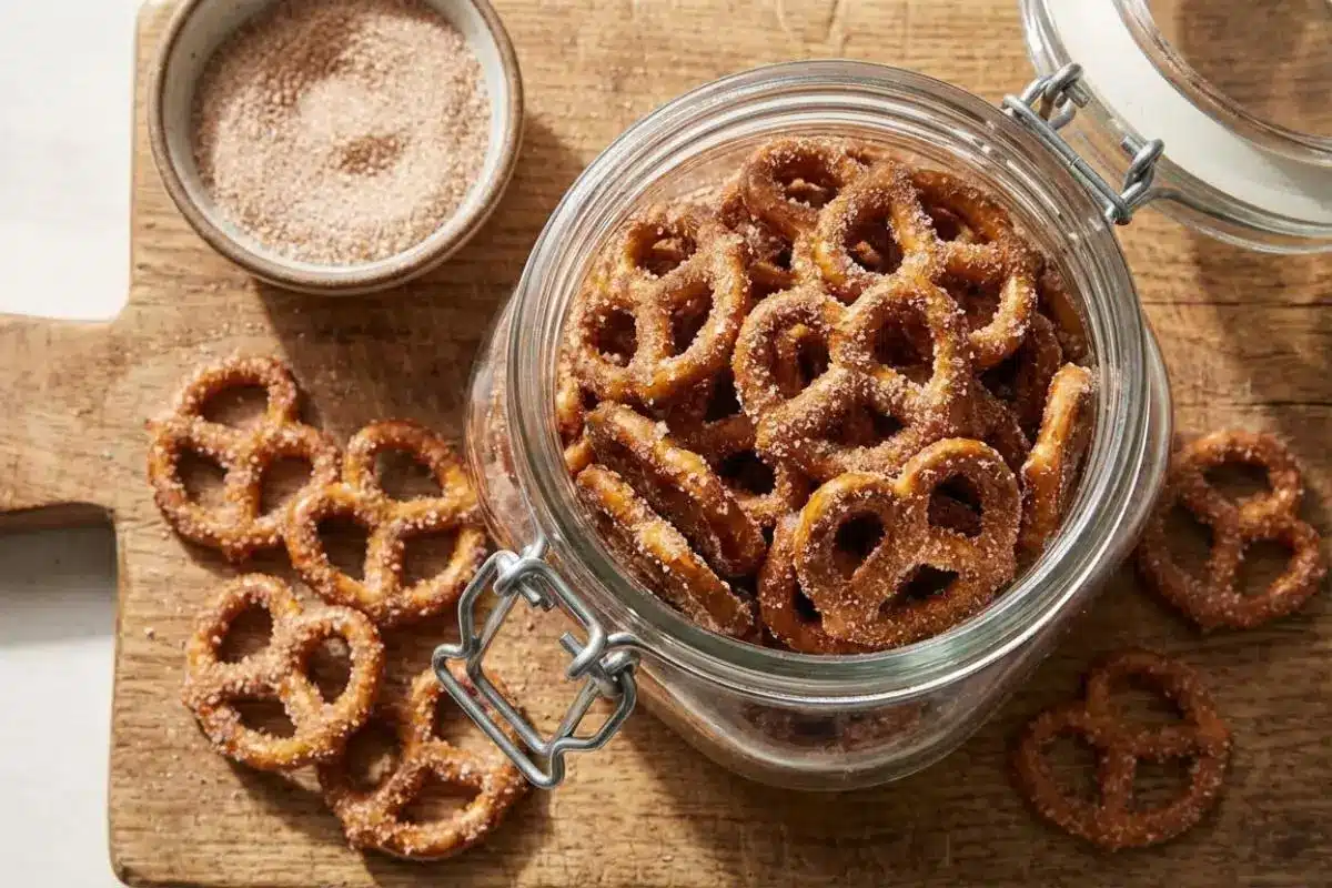 Packaging, Storage & Freezing For Your Butter Toffee Pretzels An open glass clasp jar filled to the brim with sweet, crunchy homemade pretzels sits on a weathered wooden cutting board, illustrating the perfect method for storing butter toffee pretzels.