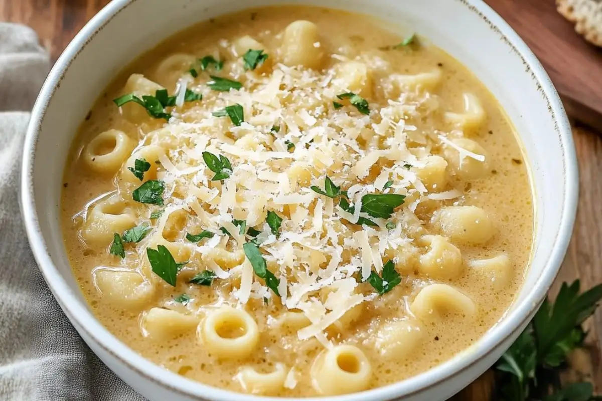 15 Minute Parmesan Pasta Soup: A Warm Hug in a Bowl for Busy Nights Parmesan Pasta Soup A comforting, rustic white bowl filled with creamy parmesan pasta soup, generously topped with freshly grated cheese and chopped parsley, sitting next to a soft linen napkin.