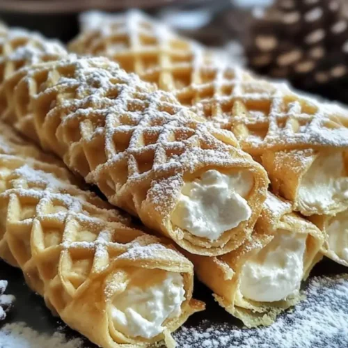 Golden Pizzelle Cannoli with Ricotta Filling: A Warm Hug on a Dessert Plate Pizzelle Cannoli with Ricotta Filling A close-up shot of golden, crispy Pizzelle Cannoli with Ricotta Filling, lightly dusted with powdered sugar and arranged on a dark rustic plate.