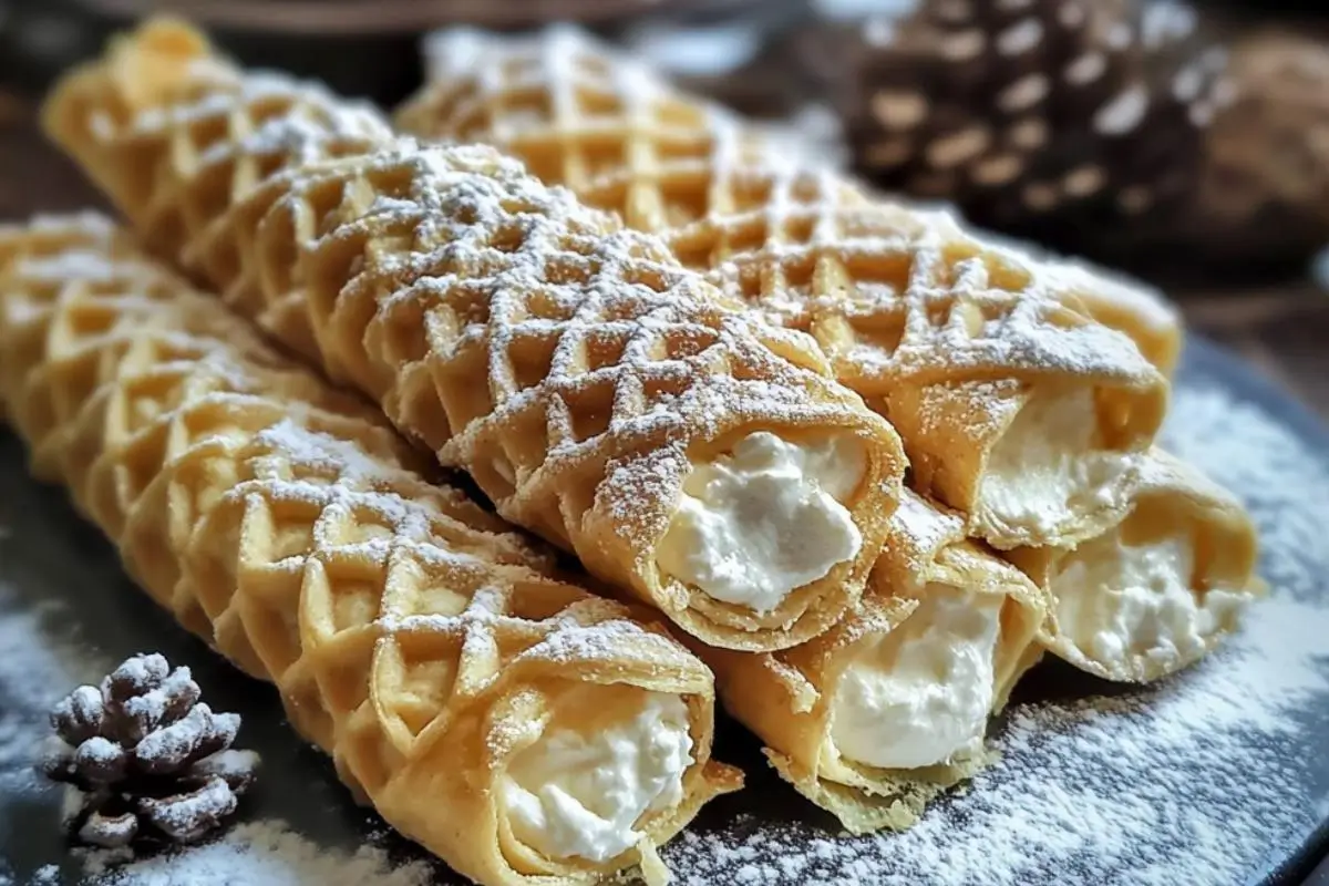 Golden Pizzelle Cannoli with Ricotta Filling: A Warm Hug on a Dessert Plate Pizzelle Cannoli with Ricotta Filling A close-up shot of golden, crispy Pizzelle Cannoli with Ricotta Filling, lightly dusted with powdered sugar and arranged on a dark rustic plate.