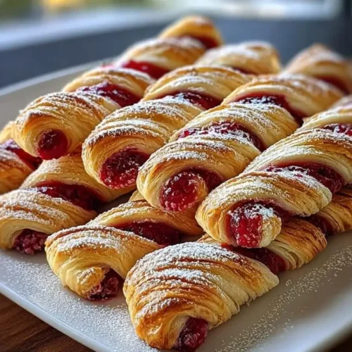 Easy Raspberry Pastry Twists (A 30-Minute Bakery-Quality Centerpiece) Raspberry Pastry Twists A platter of freshly baked, flaky raspberry pastry twists filled with vibrant red jam and generously dusted with powdered sugar, resting on a white plate over a rustic wooden table.
