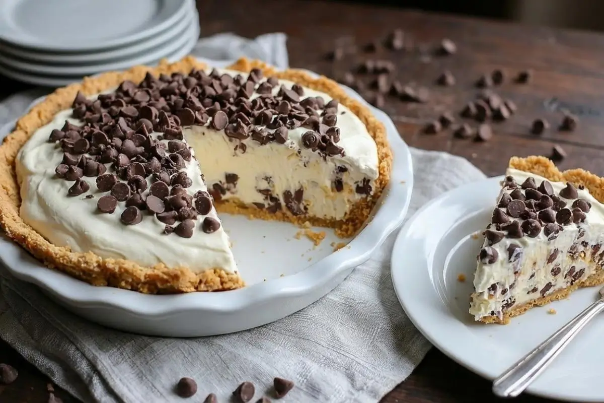 Rena's No-Fail Tips Avoiding the Soggy Disaster A freshly sliced chocolate chip cannoli pie in a white ceramic dish sits on a soft linen cloth next to a perfect, firm slice on a white plate, showcasing a beautifully set, non-soggy crust on a rustic wooden table.