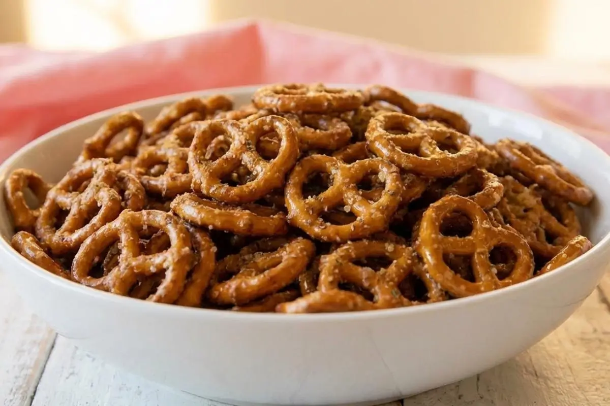 Rena's No-Fail Tips For Your Butter Toffee Pretzels A large white bowl overflowing with beautifully glazed, golden mini pretzels resting on a weathered wooden table in warm sunlight, perfectly illustrating these no-fail butter toffee pretzels tips.