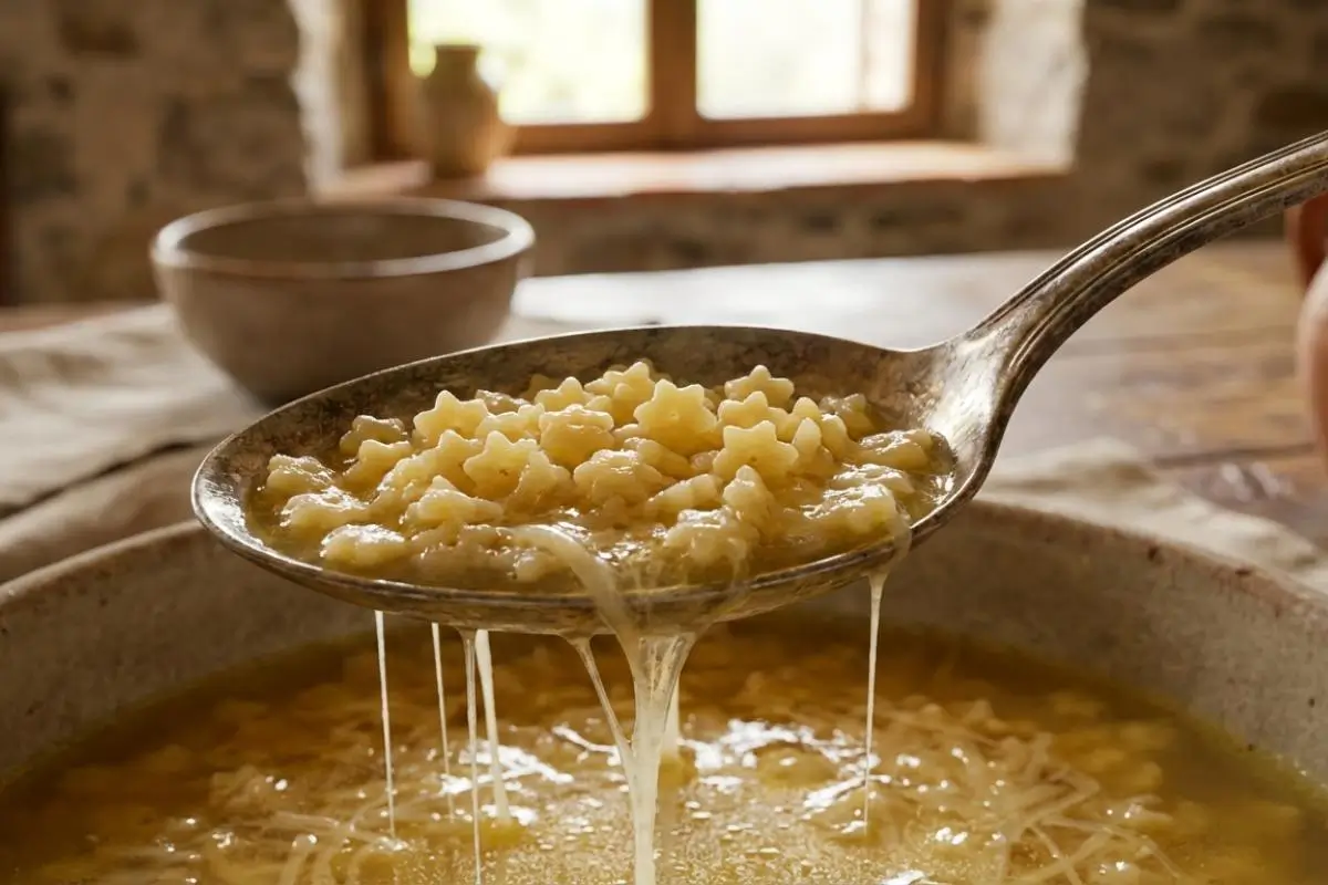 Rena's No-Fail Tips For Your Healing Pastina Soup A close-up view of a vintage silver spoon lifting a scoop of healing pastina soup from a rustic ceramic bowl, with melted cheese stretching deliciously from the tiny star pasta, set against a warmly lit, cozy kitchen background.
