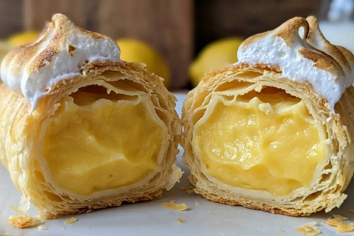 Rena's No-Fail Tips For Your Lemon Meringue Pie Cannoli A close-up cross-section of a baked lemon meringue pie cannoli, showcasing a beautifully flaky pastry shell completely filled with smooth, bright yellow lemon curd and topped with a swoop of toasted meringue.