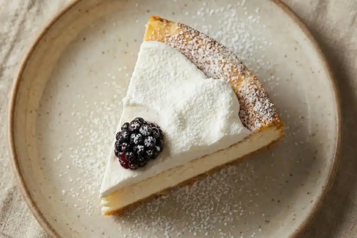 Rena's No-Fail Tips For Your Light & Fluffy Yogurt Cloud Cake An overhead view of a slice of light and fluffy yogurt cloud cake resting on a rustic speckled ceramic plate, topped with a thick layer of soft cream, a single fresh blackberry, and a gentle dusting of powdered sugar.