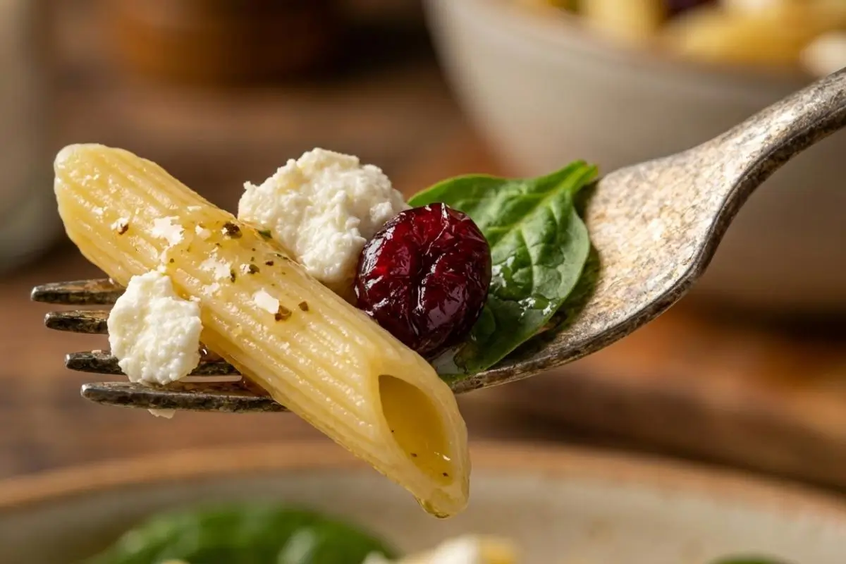 Rena's No-Fail Tips Preemptive Problem-Solving For Your Cranberry Feta Pasta Salad A close-up view of a vintage silver fork holding the perfect bite of cranberry feta pasta salad, featuring a lightly dressed penne noodle, a single tart cranberry, a fresh spinach leaf, and creamy crumbled feta cheese.