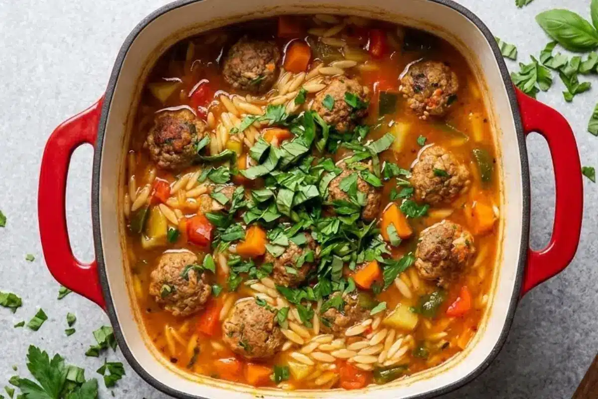 Rena's No-Fail Tips Preemptive Problem-Solving For Your Italian Meatball and Orzo Soup Step-by-Step A top-down view of a rustic red Dutch oven brimming with finished Italian meatball and orzo soup, loaded with tender meatballs, colorful vegetables, and finished with a generous garnish of fresh green herbs.