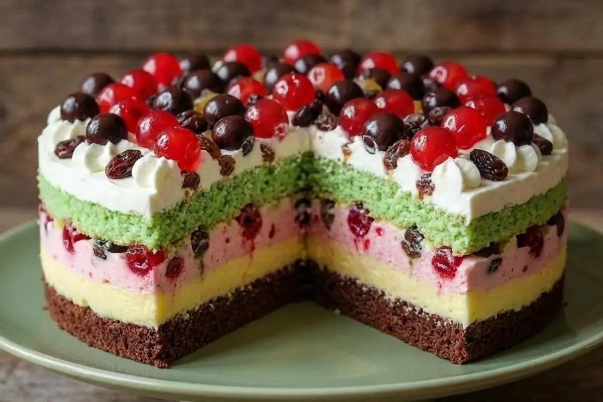 Rena's No-Fail Tips Preemptive Problem-Solving A beautifully sliced Italian Spumoni cake on a rustic green plate, revealing distinct, colorful baked layers of chocolate, vanilla, cherry, and pistachio, demonstrating the results of no-fail baking tips.