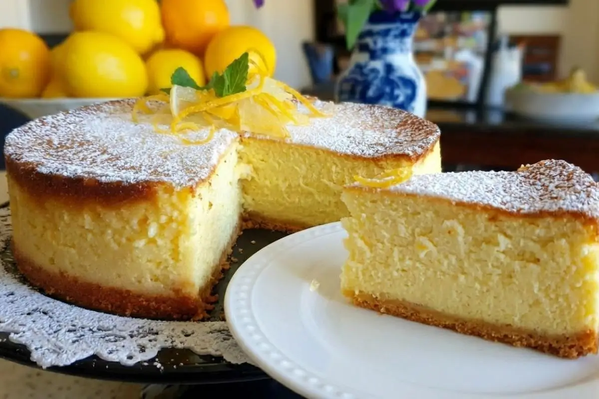 Rena's No-Fail Tips for Limoncello Ricotta Cake A beautifully thick limoncello ricotta cake on a black stand with a lace doily, showing a deeply creamy slice plated on a classic white dish with a bowl of fresh lemons in the background.