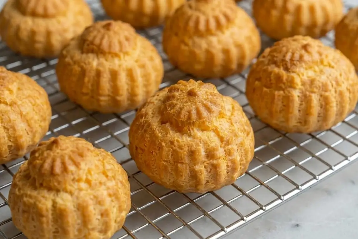 Rena's No-Fail Tips for Your Italian Cream Bombs Perfectly puffed, golden-brown pastry shells for Italian cream bombs resting on a metal wire cooling rack over a white marble countertop, waiting to be filled with sweet cream.