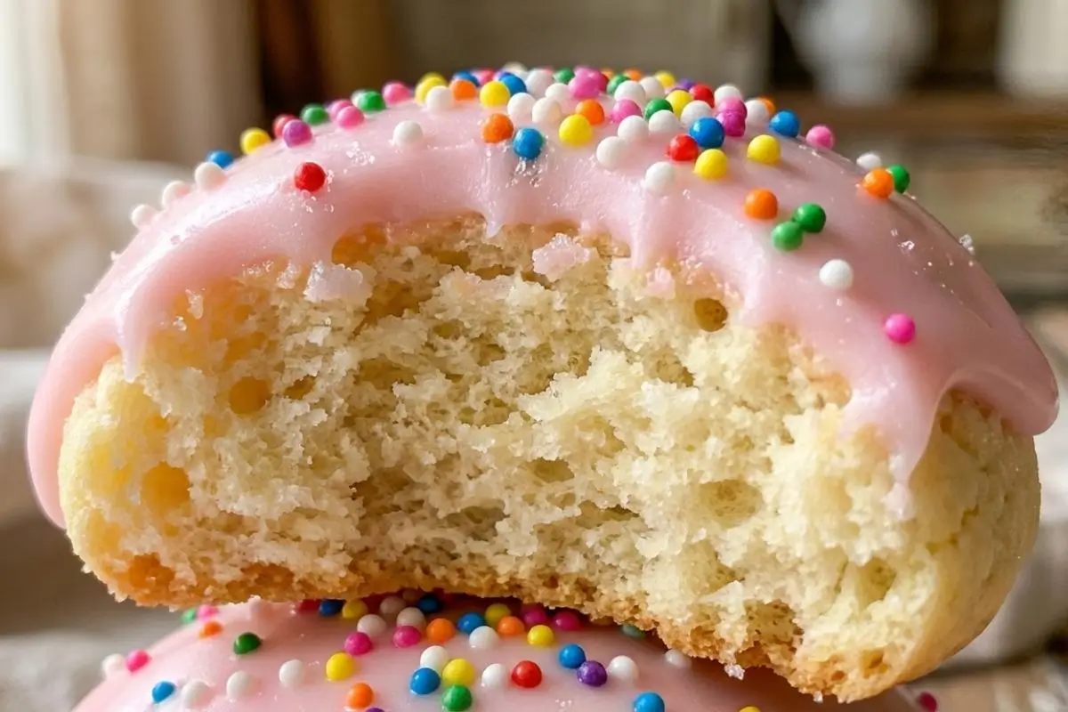 Rena's No-Fail Tips for your Easter Anisette Cookies An extreme close-up of a bitten Easter anisette cookie resting on another cookie, revealing its perfectly soft, cake-like crumb beneath a smooth pink glaze and bright rainbow sprinkles.
