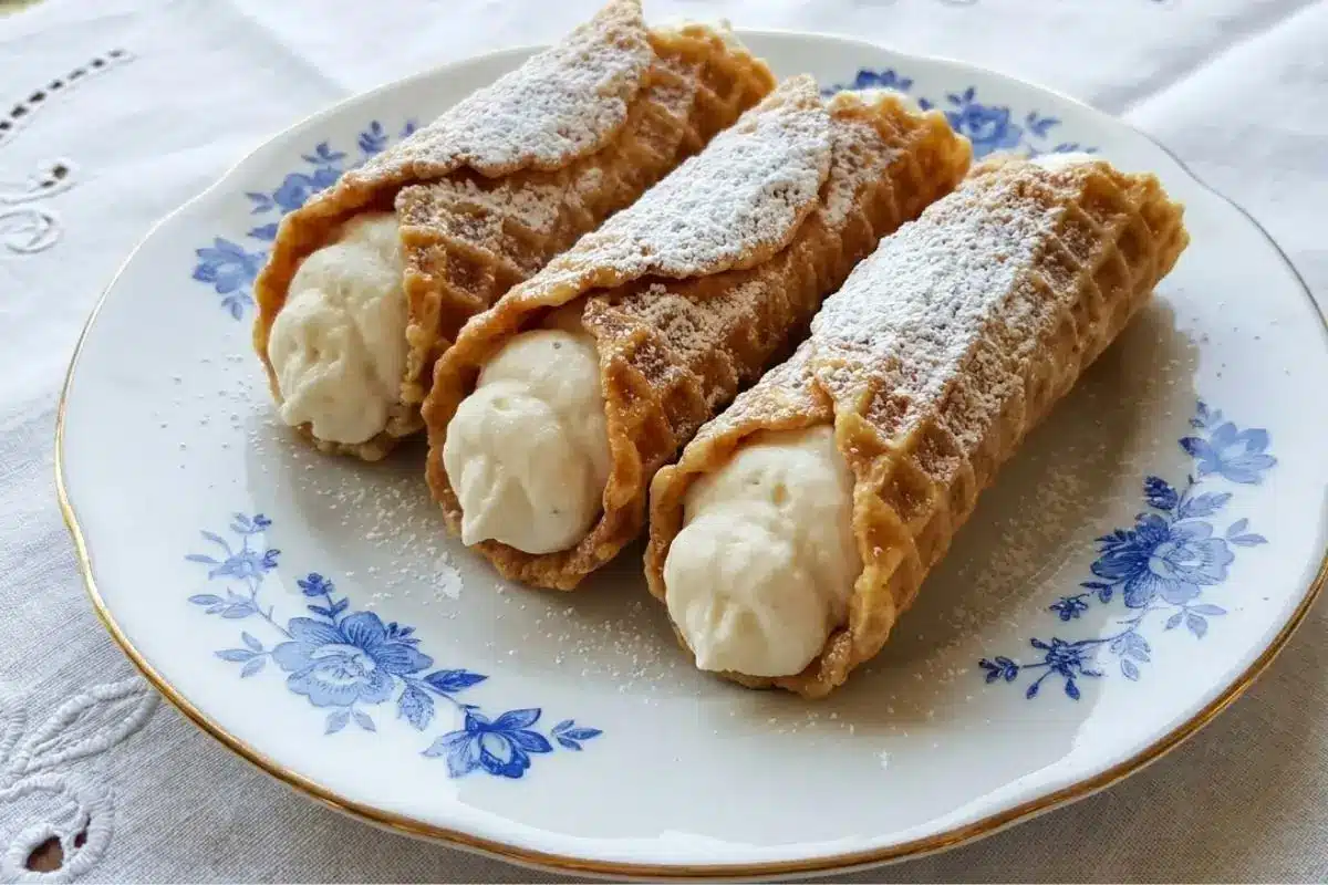 Rena's No-Fail Tips for your Pizzelle Cannoli with Ricotta Filling Three beautifully dusted pizzelle cannoli with ricotta filling arranged neatly on a vintage white plate with blue floral patterns, resting on a delicate white embroidered tablecloth.