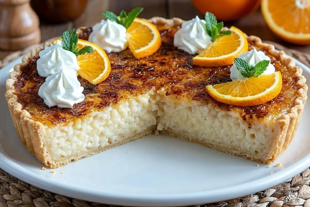 Rena's No-Fail Tips fot Italian Rice Pie A beautifully baked Italian rice pie with one slice removed to reveal a perfectly set, creamy interior, demonstrating our no-fail tips for Italian rice pie, garnished with fresh orange and mint.