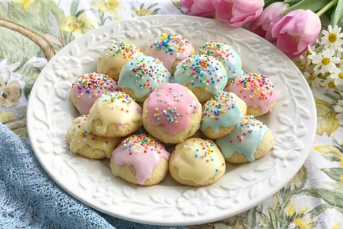 Storage & Freezing Anti-Bleed Storage Hack for your Easter Anisette Cookies A beautiful white floral plate piled high with pastel-glazed Italian cookies and bright sprinkles, sitting on a vintage spring tablecloth next to pink tulips, demonstrating the perfect setup for storing Easter anisette cookies to keep them fresh.