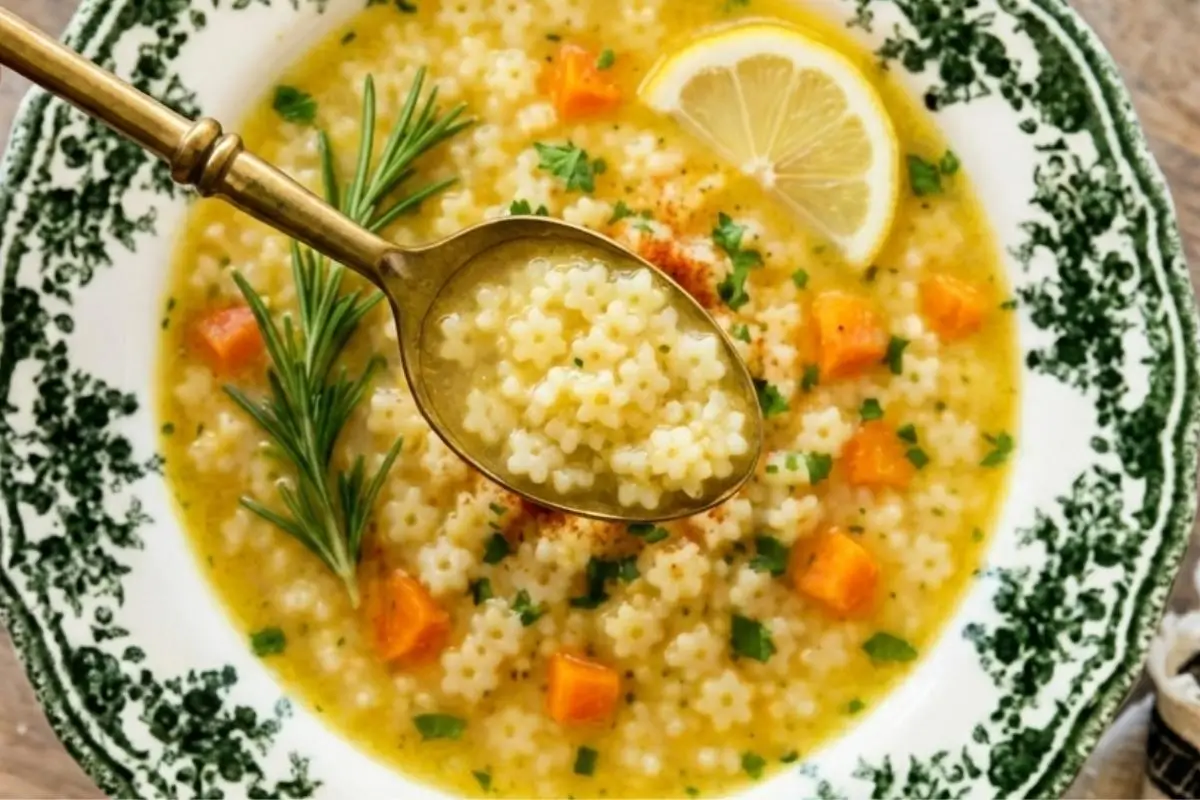 Storage & Freezing For Your Healing Pastina Soup recipe An antique brass spoon lifting a bite of comforting healing pastina soup from a beautiful vintage bowl with green floral patterns, garnished with fresh rosemary, diced carrots, and a bright slice of lemon.
