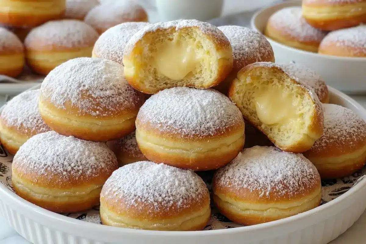 Storage & Freezing Pro-Tip For Your Golden Italian Custard Bomboloni A large white dish overflowing with freshly baked, powdered sugar-coated Italian custard bomboloni, with a few broken open to reveal thick vanilla cream, perfectly illustrating the best methods for storing Italian custard bomboloni.