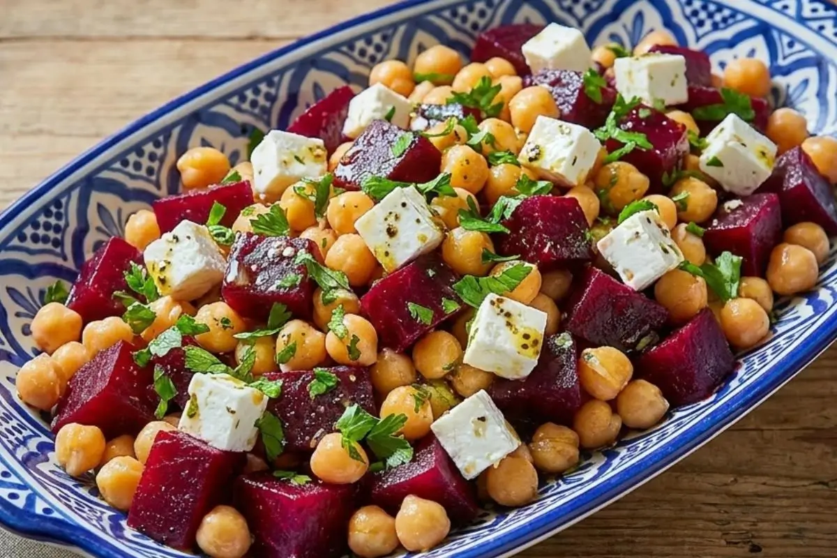 Storage & Freezing Pro-Tip for Busy Cooks For Your Chickpea Salad with Feta A vibrant beet and chickpea salad with feta beautifully arranged in a traditional blue and white ceramic dish, resting on a weathered wooden table.