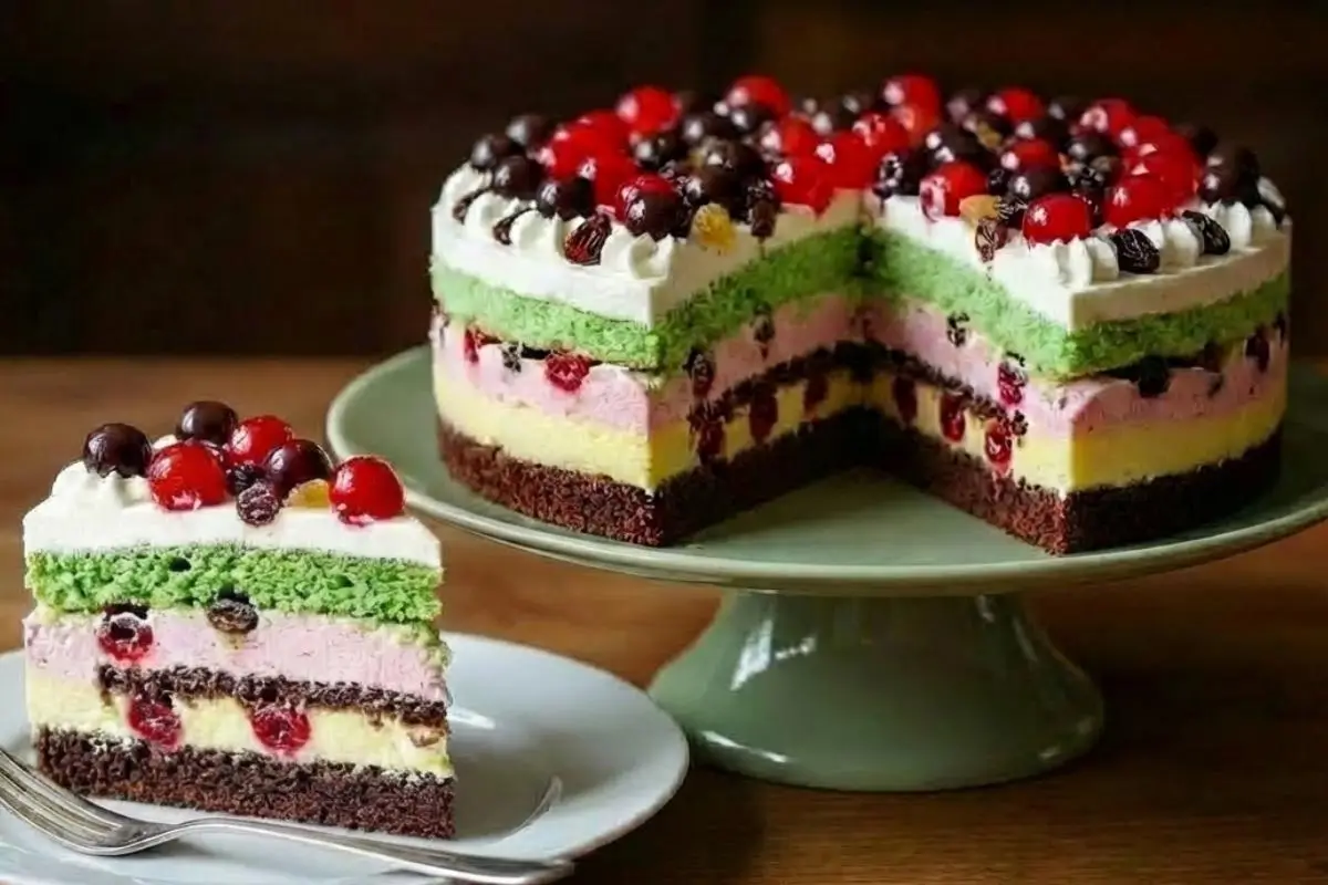 Storage & Freezing Pro-Tip for Busy Entertainers A perfectly sliced make ahead Italian Spumoni cake rests on a rustic green pedestal stand, with a single, colorful piece served on a white plate to show the freeze-friendly layers of cherry, pistachio, vanilla, and chocolate.