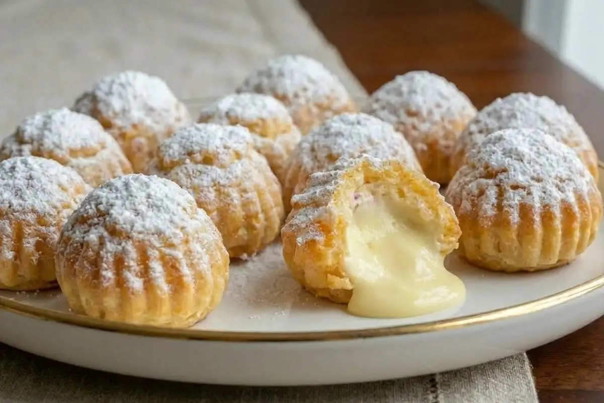 Storage & Freezing Pro-Tip for Italian Cream Bombs A rustic white plate filled with powdered sugar-dusted pastries, featuring one broken open to reveal a rich, oozing vanilla filling, perfectly demonstrating the results of storing Italian cream bombs correctly.