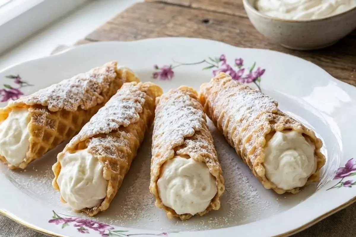 Storage & Freezing Pro-Tip for your Pizzelle Cannoli with Ricotta Filling Four freshly filled pizzelle cannoli with ricotta filling lightly dusted with powdered sugar, resting gracefully on a vintage white plate with delicate purple flowers near a rustic wooden windowsill.