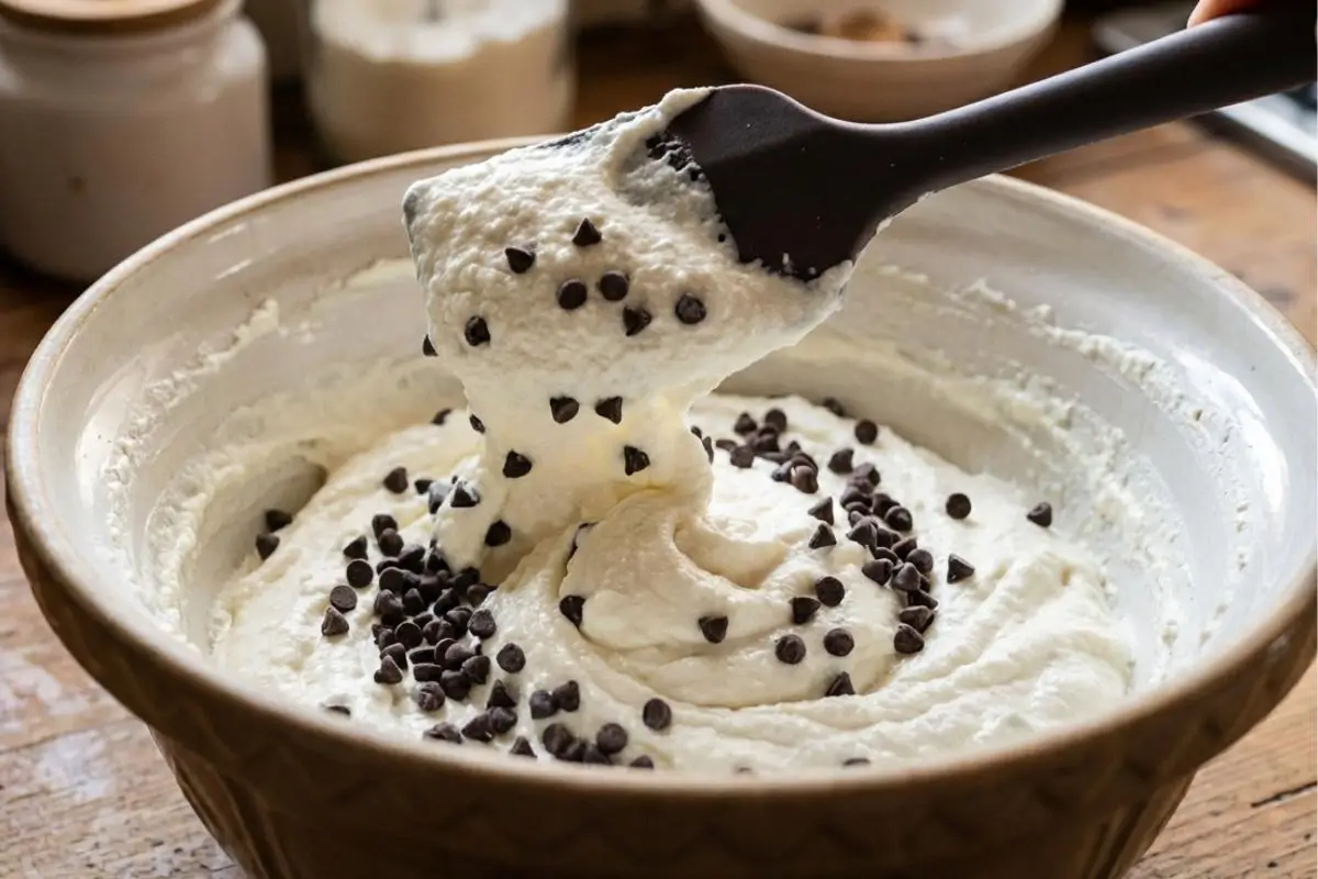 Storage & Freezing (The New Mom Shortcut) A black silicone spatula gently folds mini dark chocolate chips into a thick, creamy make ahead chocolate chip cannoli pie filling inside a rustic stoneware mixing bowl on a warm wooden kitchen table.