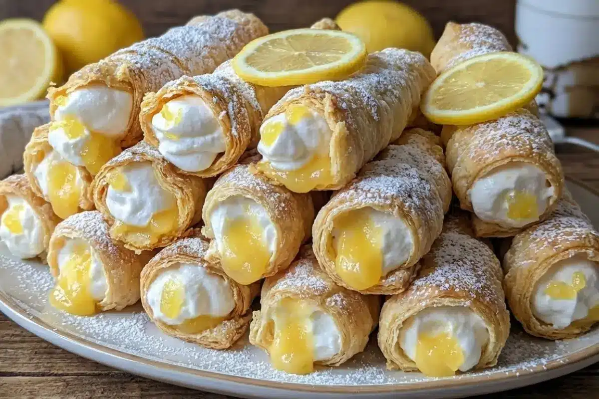 Storage & Make-Ahead Timeline For Your Lemon Meringue Pie Cannoli A large, inviting stack of powdered sugar-dusted make-ahead lemon meringue pie cannoli, overflowing with bright yellow lemon curd and fluffy white cream, garnished with fresh lemon slices on a rustic plate.