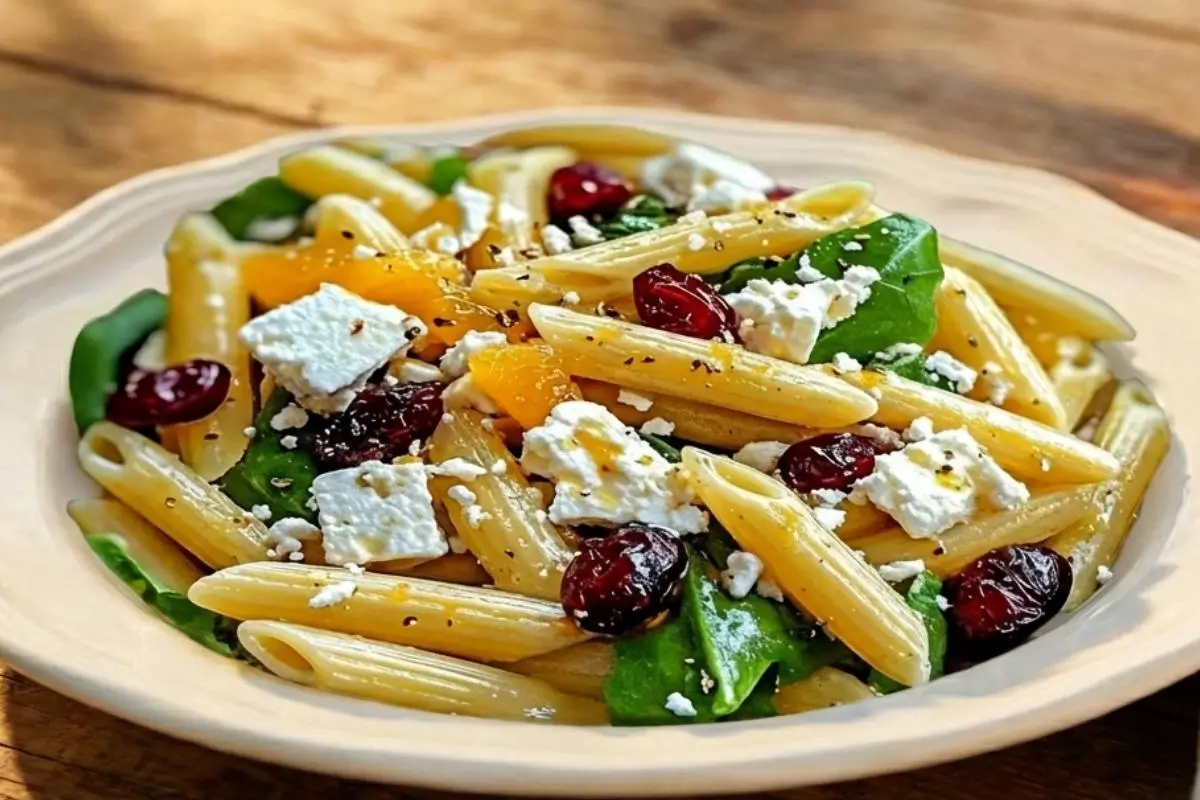 Storage & Make-Ahead Tips For Your Cranberry Feta Pasta Salad A comforting serving of make-ahead cranberry feta pasta salad on a simple cream-colored plate, showcasing bright mandarin oranges, tart cranberries, fresh spinach, and crumbled feta cheese resting on a rustic wooden table.