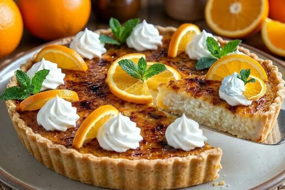 Storage Tips fot Italian Rice Pie A delicious slice of golden Italian rice pie being lifted from a rustic fluted pan, showing its perfectly creamy center to demonstrate the best methods for storing Italian rice pie.